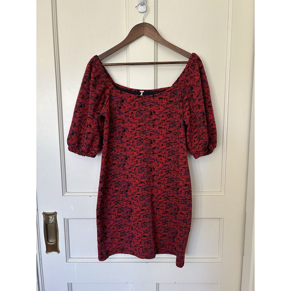 Free People Textured Sunset Puff Sleeve Mini Dress Womens Size Medium Red Boho - Picture 3 of 12